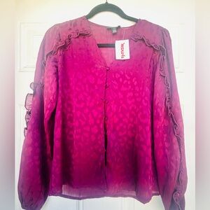 Purple Button down (XS) ruffled and leopard patterned blouse. Long sleeve